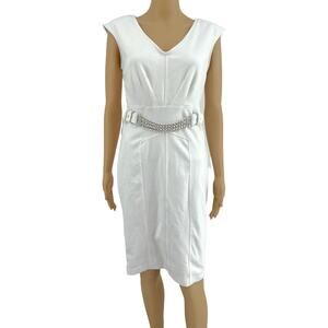 Jennifer Lopez (2) White Chain Waist Sheath Midi Dress Knee Length Sleeveless